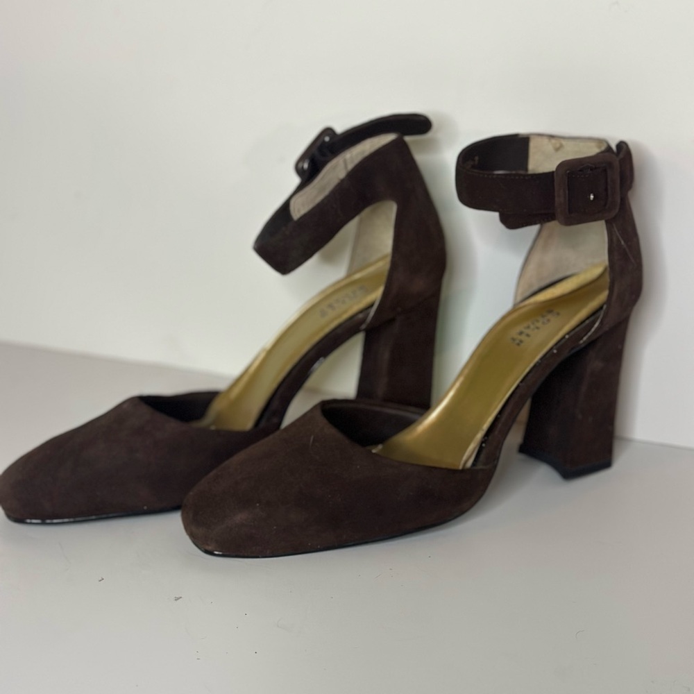 Colin Stuart- brown brushed suede ankle strap heels